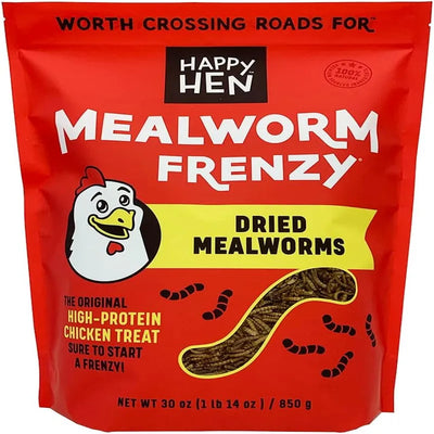 Mealworm Frenzy 30oz, featuring 100% natural dried mealworms high in protein, ideal for training and taming chickens