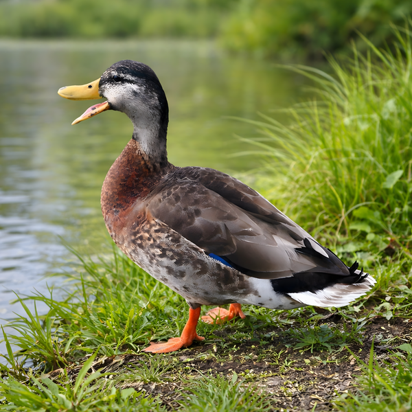 Mallard duck hatching eggs product image showing adult drake with orange legs and blue wing speculum for wild waterfowl breeding stock orders