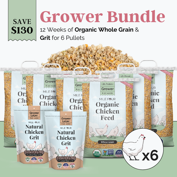 Bundle includes everything 6 grower chickens need from week 8 till week 20 when they transition to layer feed.