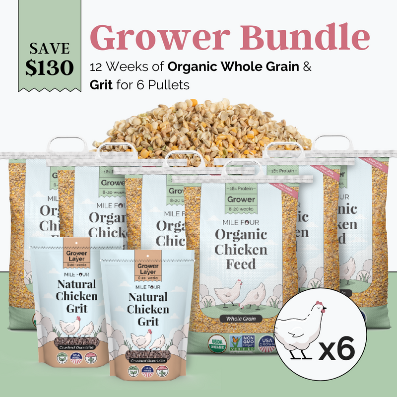 Bundle includes everything 6 grower chickens need from week 8 till week 20 when they transition to layer feed.