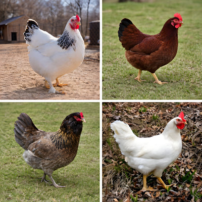 Collage of Light Brahma, Rhode Island Red, Welsummer, and White Leghorn hens representing mixed hatching egg breed variety