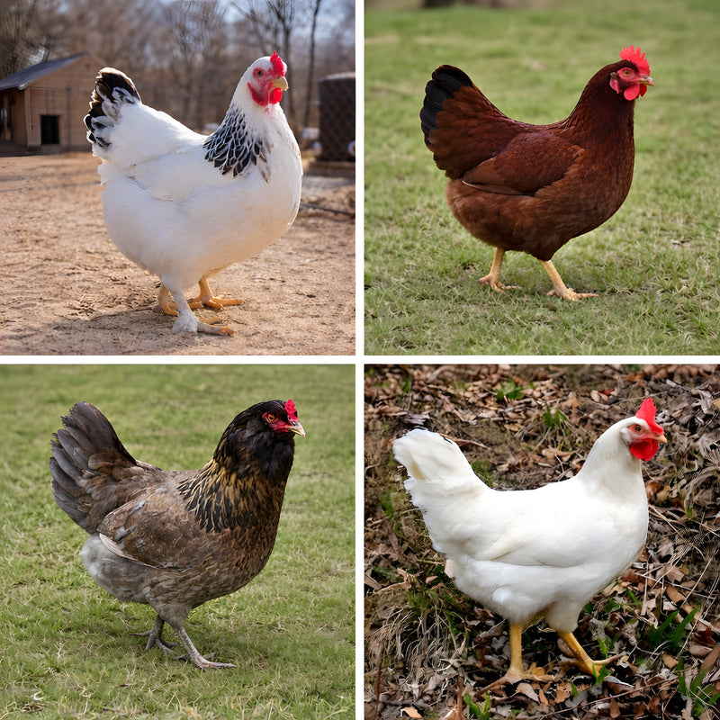 Collage of Light Brahma, Rhode Island Red, Welsummer, and White Leghorn hens representing mixed hatching egg breed variety