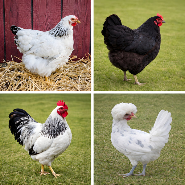 Collage of Light Brahma, Black Australorp, and White Crested Polish chickens representing mixed hatching egg variety for backyard flocks