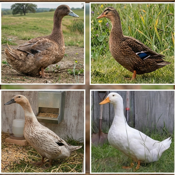 Mixed duck hatching eggs collage showing four female hens in farm settings including Khaki Campbell Runner and Pekin for egg production flock orders