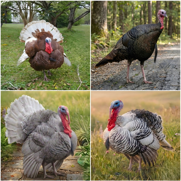 Mixed turkey hatching eggs collage showing four heritage breeds in natural behavior including Bourbon Red Bronze Slate and Royal Palm for everyday flock assessment