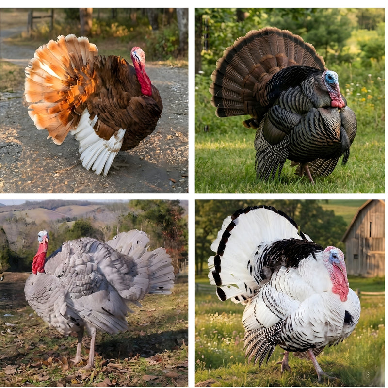 Mixed turkey hatching eggs collage showing four heritage breeds in full strut display including Bourbon Red Bronze Slate and Royal Palm for breeding stock verification