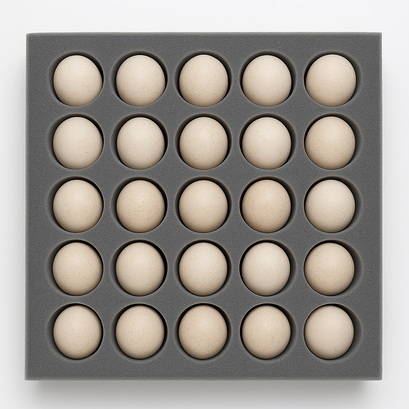 25 speckled turkey hatching eggs secured in a protective grey foam shipping insert for safe delivery.