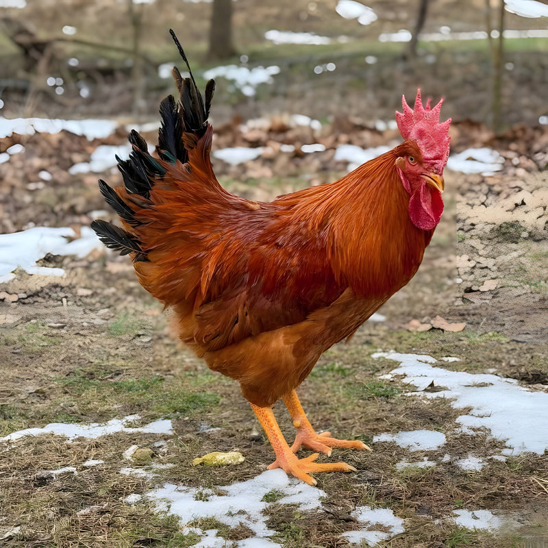 New Hampshire rooster with rich chestnut-red feathers and bright red comb, a hardy heritage breed perfect for backyard flocks