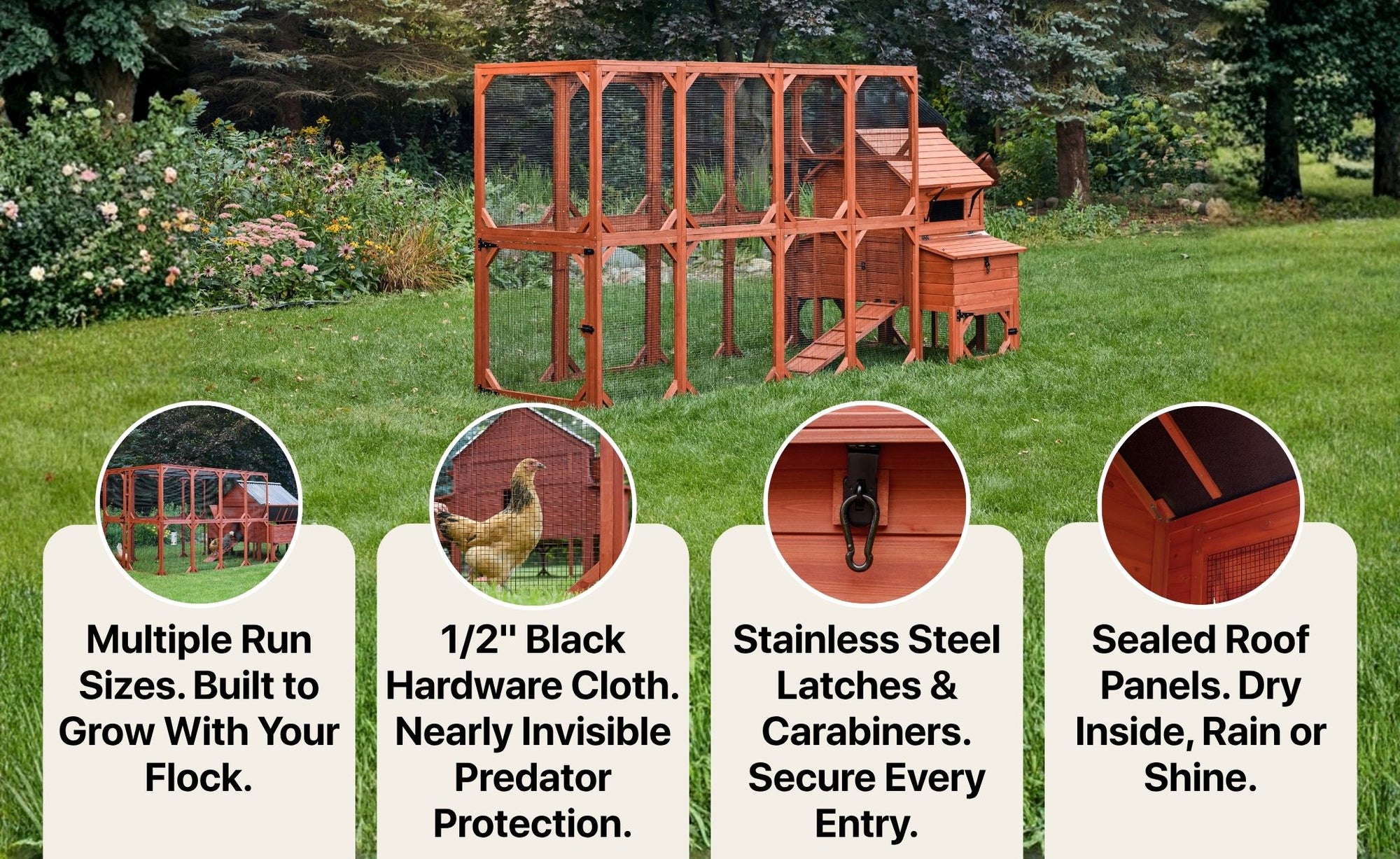 Cedar chicken coop with expandable run system built to grow with your backyard flock