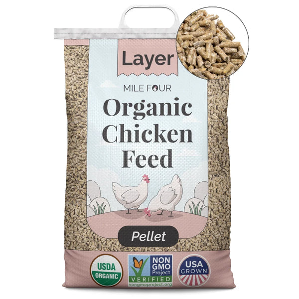 Full of wholesome, US-grown, non-GMO ingredients, Mile Four Organic Chicken Feed