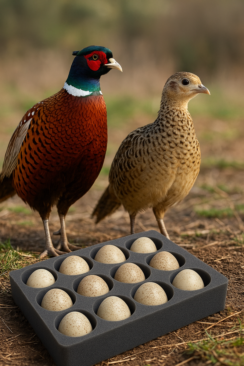 12 Ring-necked Pheasant hatching eggs in protective foam shipping tray with parent birds.