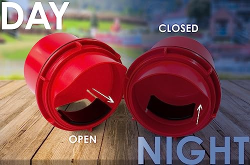 Red feeder port comparison showing open daytime position for hen access and closed nighttime setting to prevent rodent infestation and feed waste