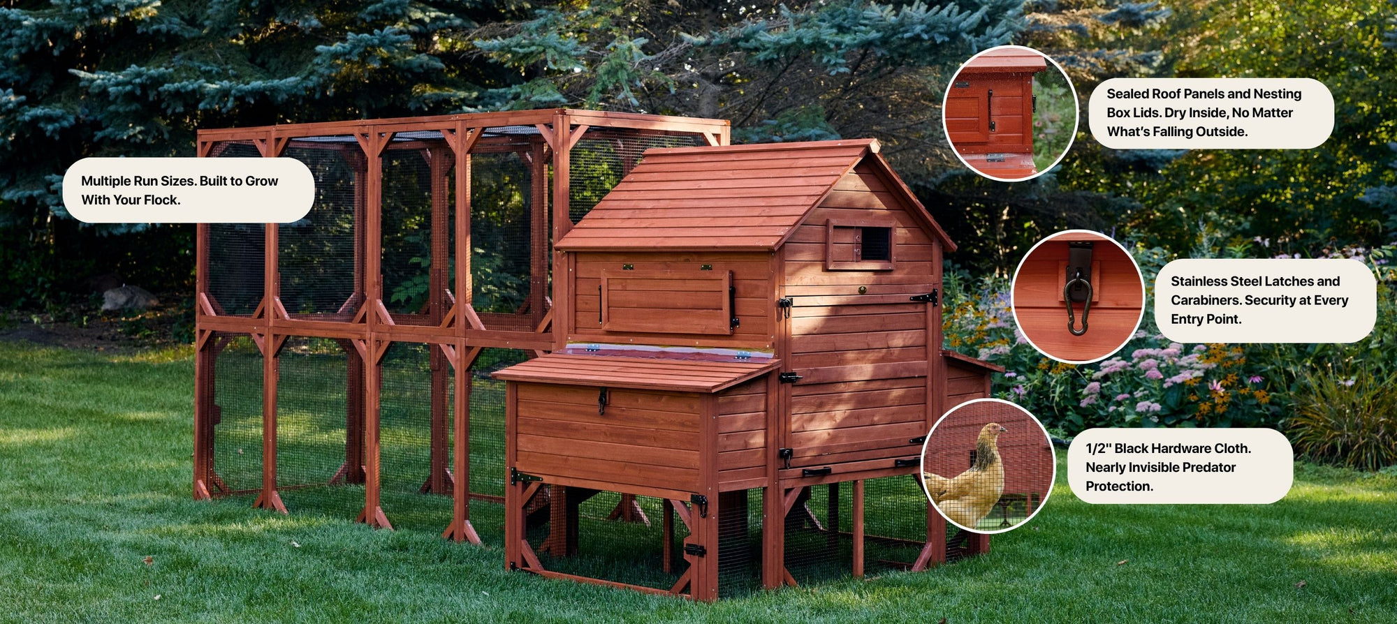 Rhode Island chicken coop with covered run, sealed roof panels and nesting boxes keep hens dry in all weather conditions