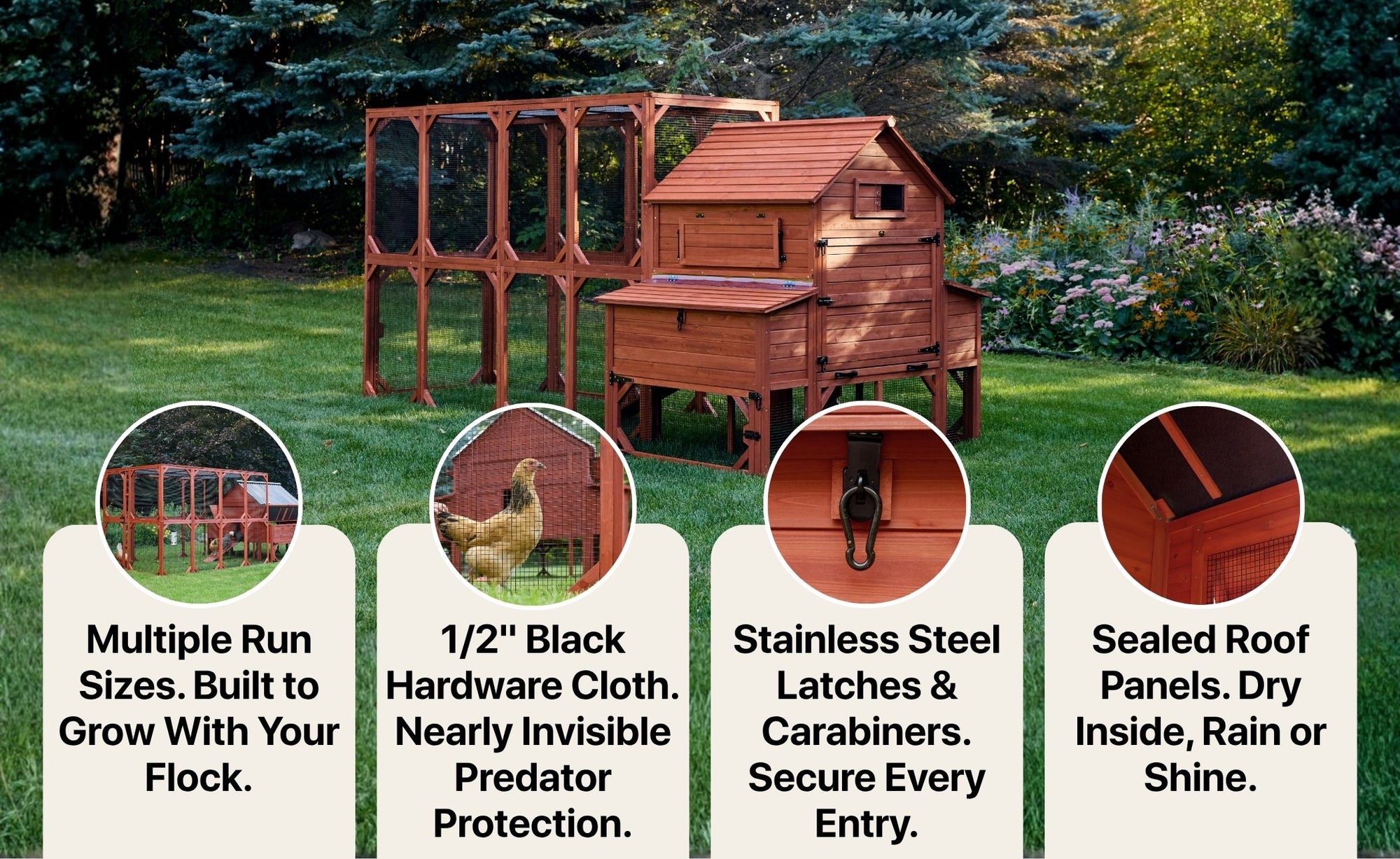 Rhode Island Coop feature graphic showing multiple run sizes built to grow with your flock half-inch hardware cloth predator protection stainless steel latches and sealed roof panels
