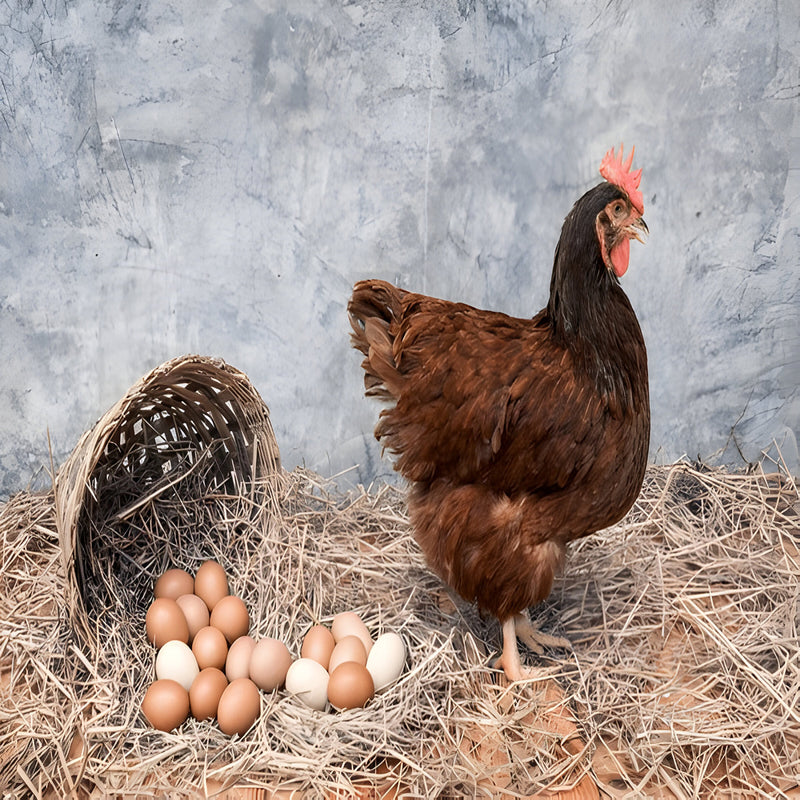 Purebred Rhode Island Red hen, hardy dual-purpose breed known for excellent egg production