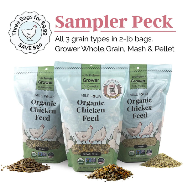 Mile Four Grower Chicken Feed, featuring organic peas, wheat, and flax meal