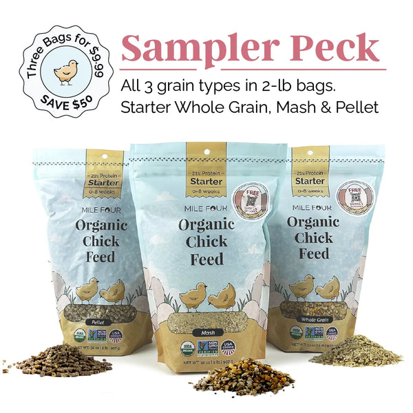 Mile Four Sampler Peck, a convenient way to test organic, non-GMO, and corn-free chicken feed