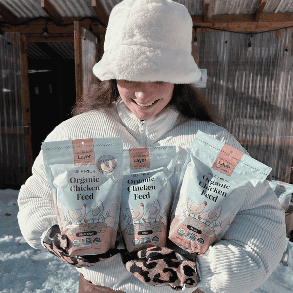 Mile Four Organic Layer Feed Sampler, featuring 100% US-grown grains, organic and non-GMO
