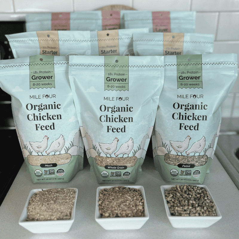 Sample pack of Mile Four's organic grower feed, ideal for backyard chickens, made with 100% US-grown grains