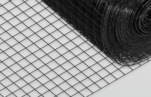 Roll of black PVC coated hardware cloth with a square wire mesh grid for predator-proof chicken coops.