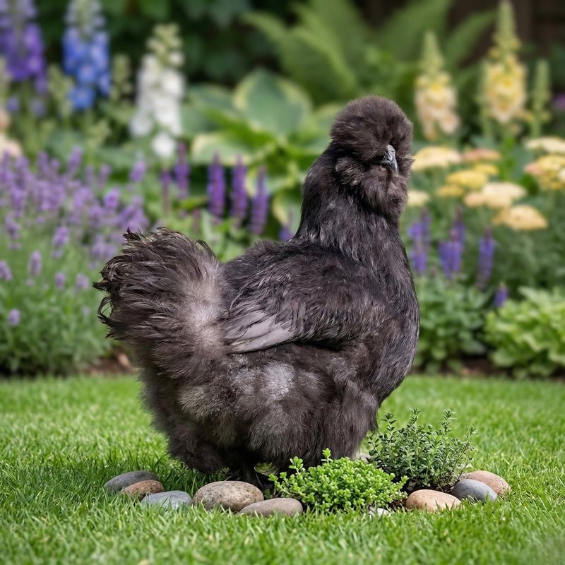 Silkie Bantam chicken with fluffy black plumage and crested head standing in garden showing ornamental breed for backyard pet flocks