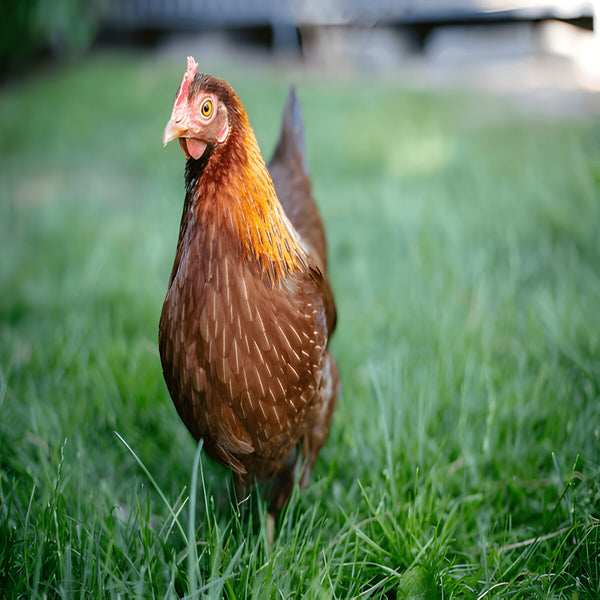 Welsummer Chicken, a medium-sized breed known for its striking red-and-black partridge plumage, friendly temperament, and production of large, dark brown speckled eggs