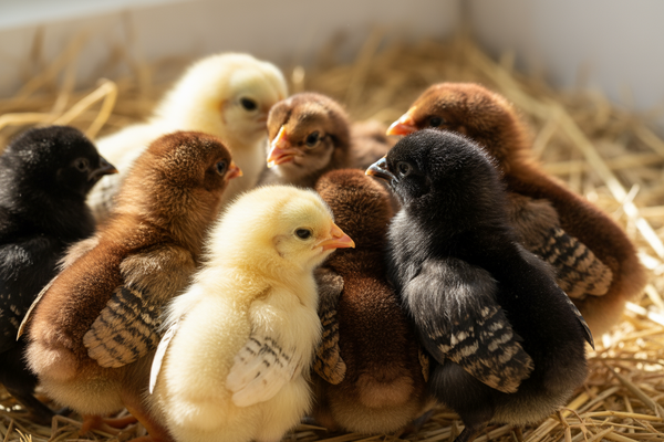 Assorted day-old chicks: yellow, black, and brown breeds for a diverse backyard flock.