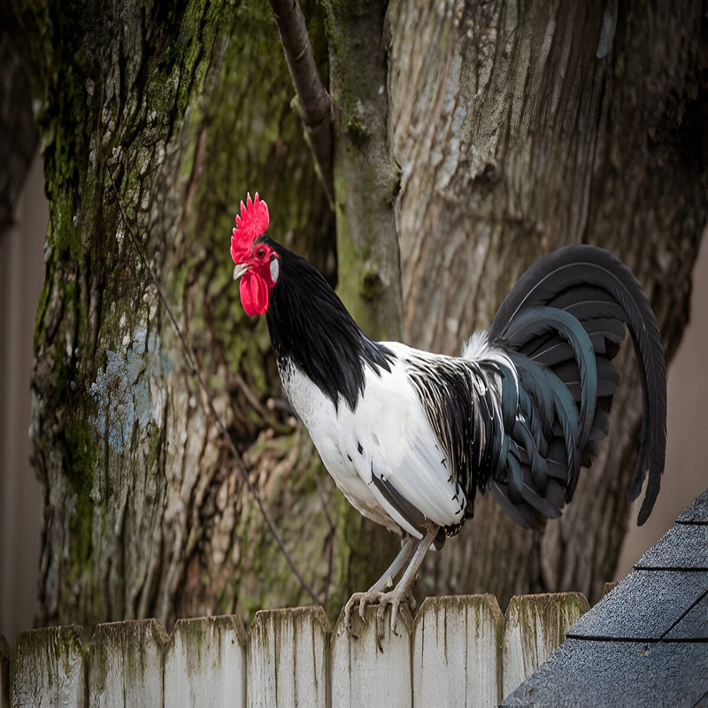 Lakenvelder Chicken, a rare breed with striking black and white plumage.
