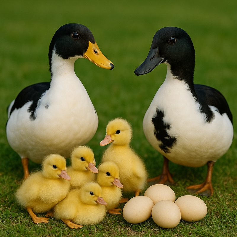 Fertile Magpie duck hatching eggs; heritage breed eggs shown with healthy parent stock.