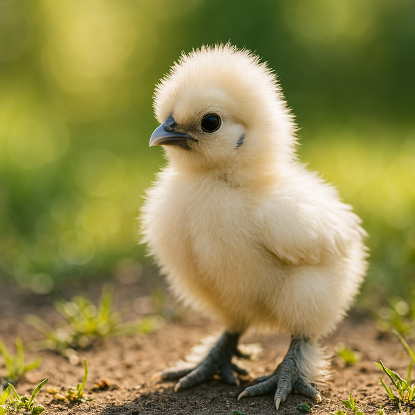 White Silkie baby chick with fluffy down, feathered feet, and dark beak on a green grass background.