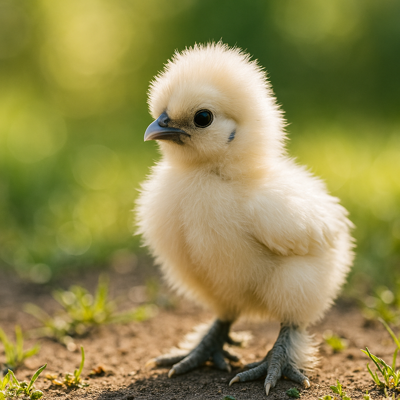 White Silkie baby chick with fluffy down, feathered feet, and dark beak on a green grass background.