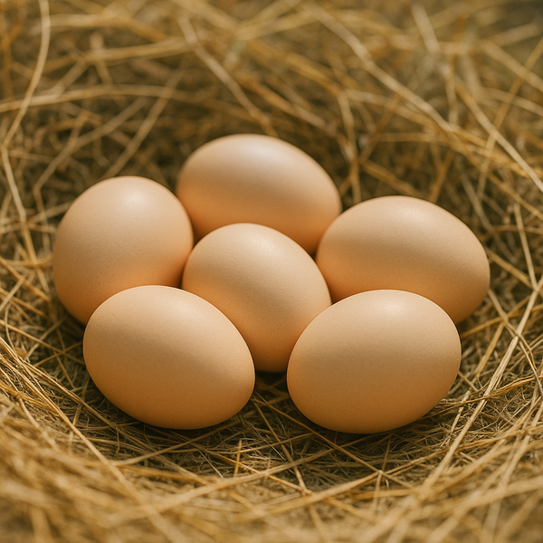 Six fertile Silkie hatching eggs nestled in dry straw; cream-colored bantam eggs for home incubation