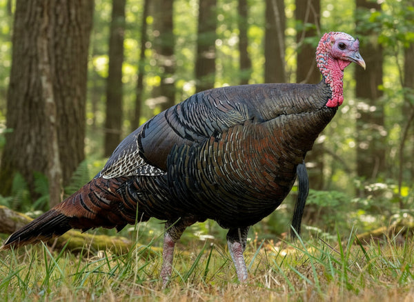 Mature tom turkey in a forest setting showing iridescent bronze feathers, red neck caruncles, and a long beard.