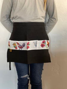 Black Denim Egg Apron with Chicken Print Pockets - 14 Pockets Hand Sewn!