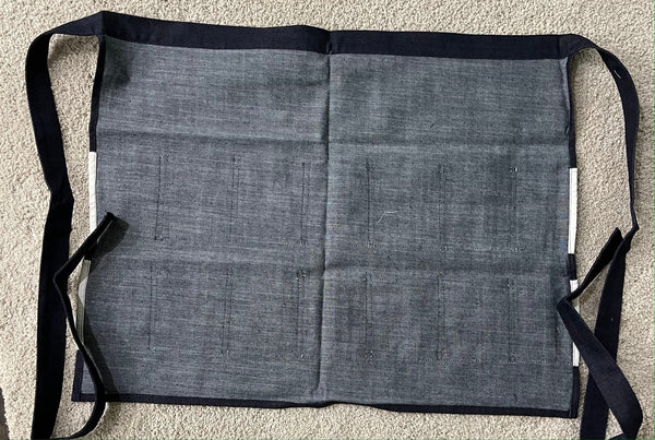 Navy Denim Egg Apron with Chicken Print Pockets - 14 Pockets Hand Sewn!